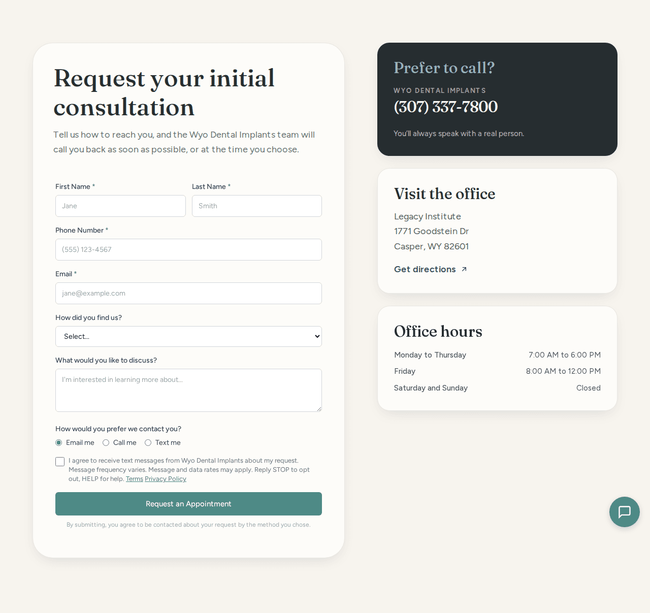 The Wyo Dental Implants contact page as it first loads, showing the appointment request form with name, phone, and email fields and the unchecked text-message consent checkbox above the submit button