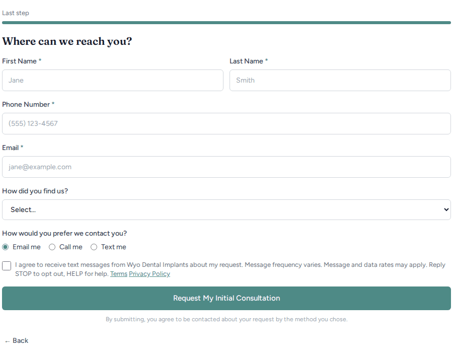 The last step of the candidate questions as it first loads: name, phone, and email fields and the unchecked text-message consent checkbox with its full disclosure and its Terms and Privacy Policy links, above the submit button